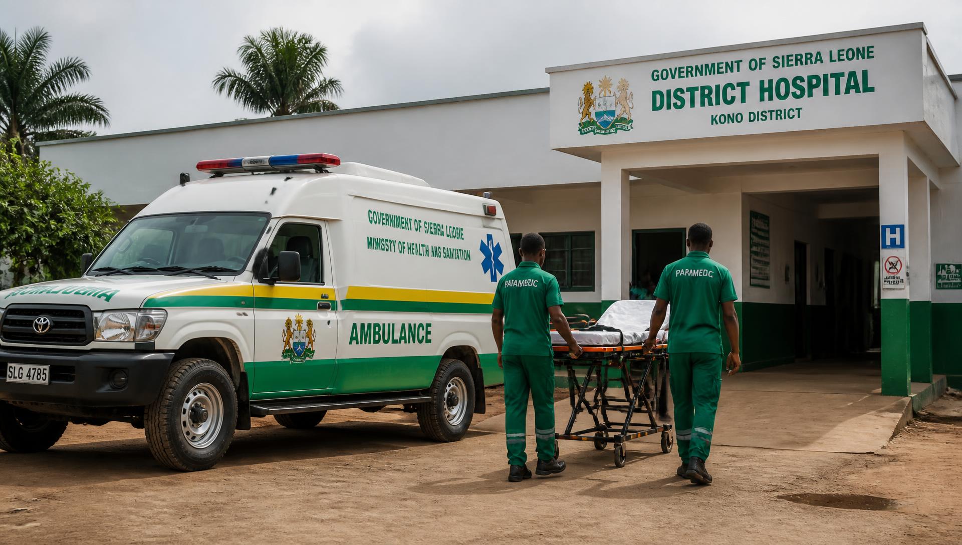 Ambulance crew arriving with a stretcher at a government district hospital in Sierra Leone